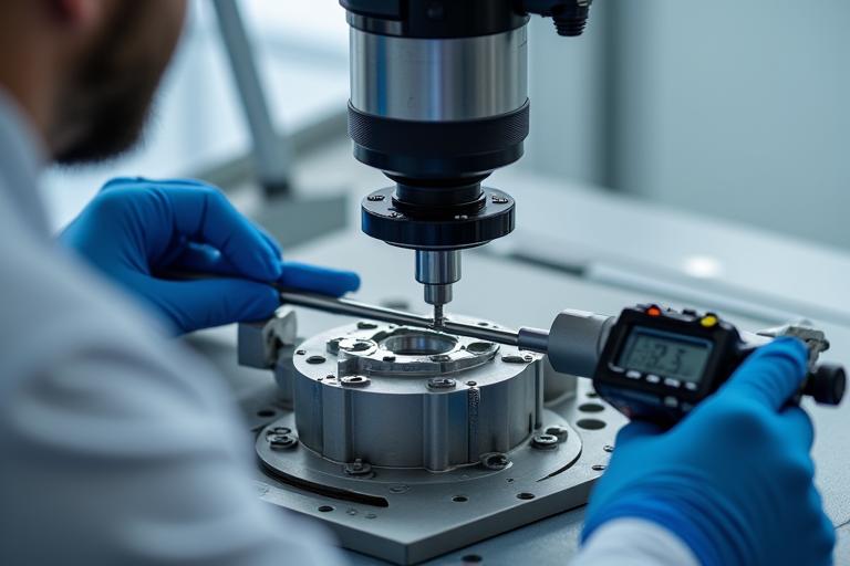 Tecnico specializzato che esegue un controllo dimensionale su un pezzo meccanico con uno strumento di precisione.